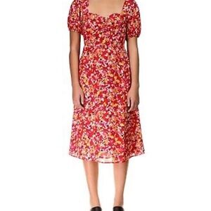 Sanctuary Red Ruched Midi Dress with Puff Sleeves